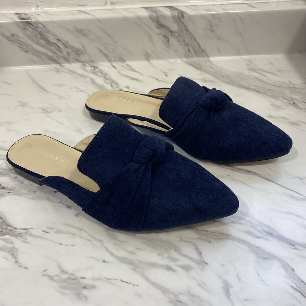 MXU Musshoe Navy Faux Suede Pointed Toe Mule Flats Bow Slip On Loafers Size 6